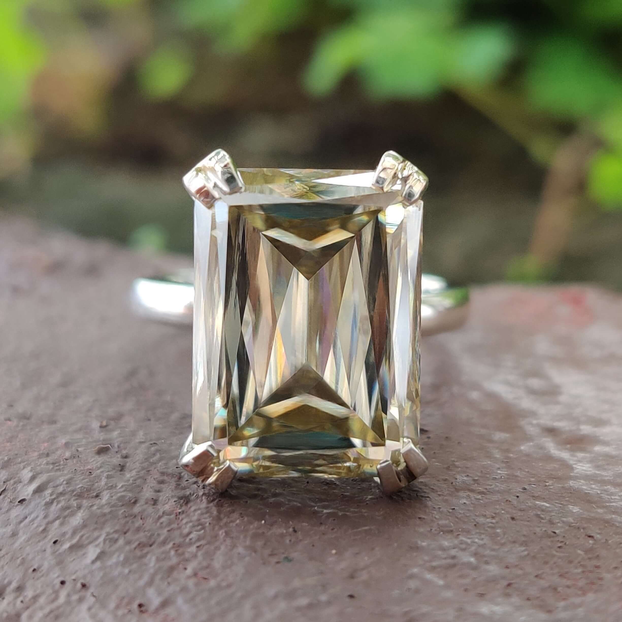 Criss cut moissanite solitaire engagement ring in white gold.