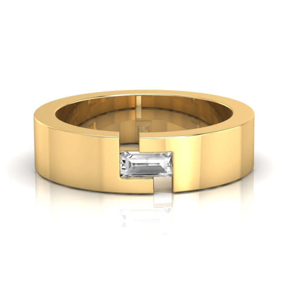 Baguette diamond men's wedding band in yellow gold.