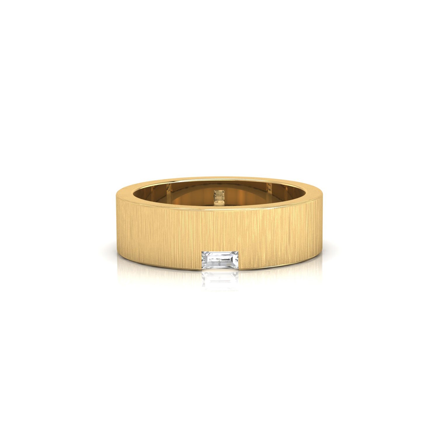 White gold brush finish band with baguette cut wedding band design.
