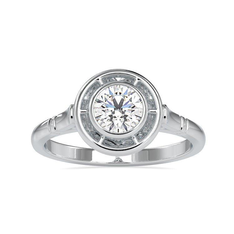 White gold ring with round bezel set lab grown diamond.