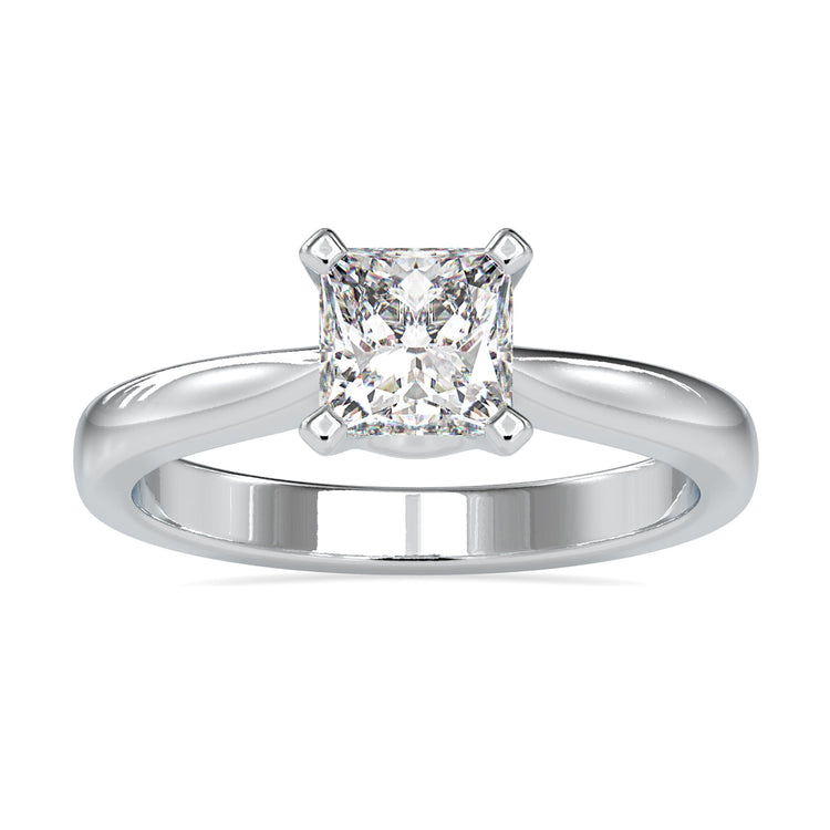 Princess cut solitaire diamond ring in white gold with tab prong setting.