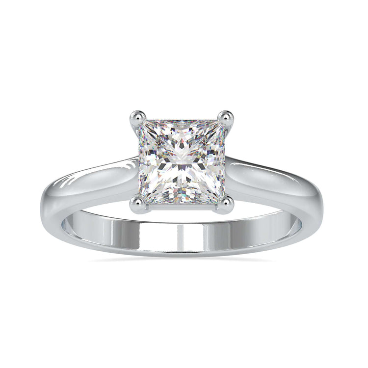 Solitaire engagement ring with princess cut diamond in rose gold.