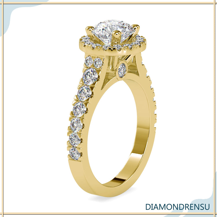 Designer ring with halo and handmade round cut band.