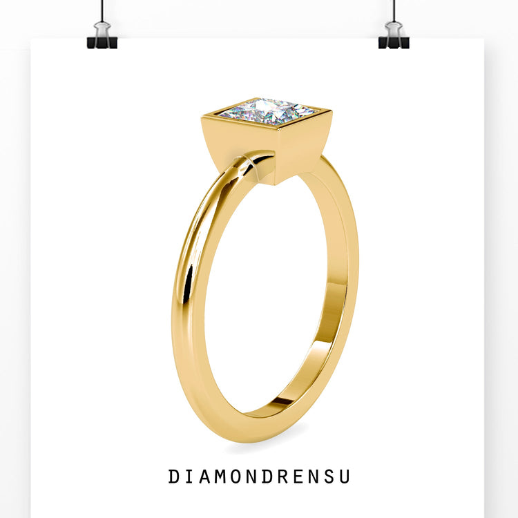 Buy diamond ring with princess cut in simple bezel setting.