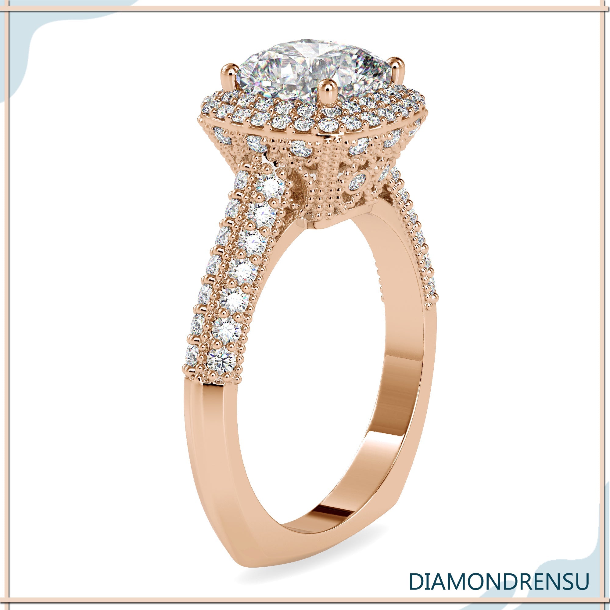 Double row pave ring in rose gold with round cut accents.