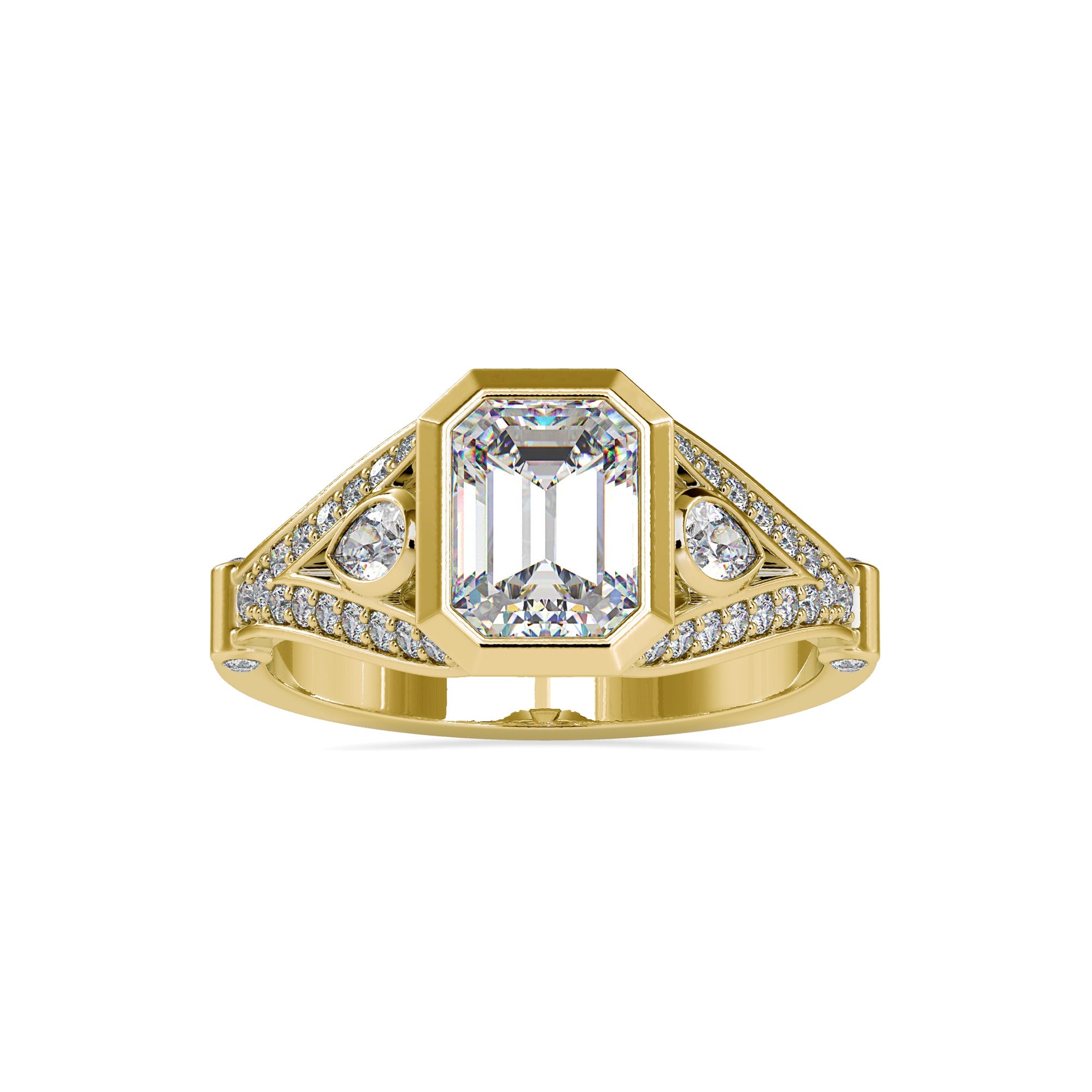 Designer ring featuring emerald cut centre in white gold.