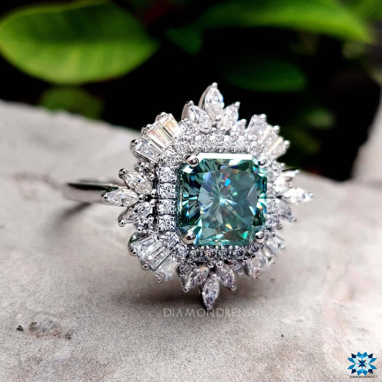 White gold radiant cut halo ring with vintage details.