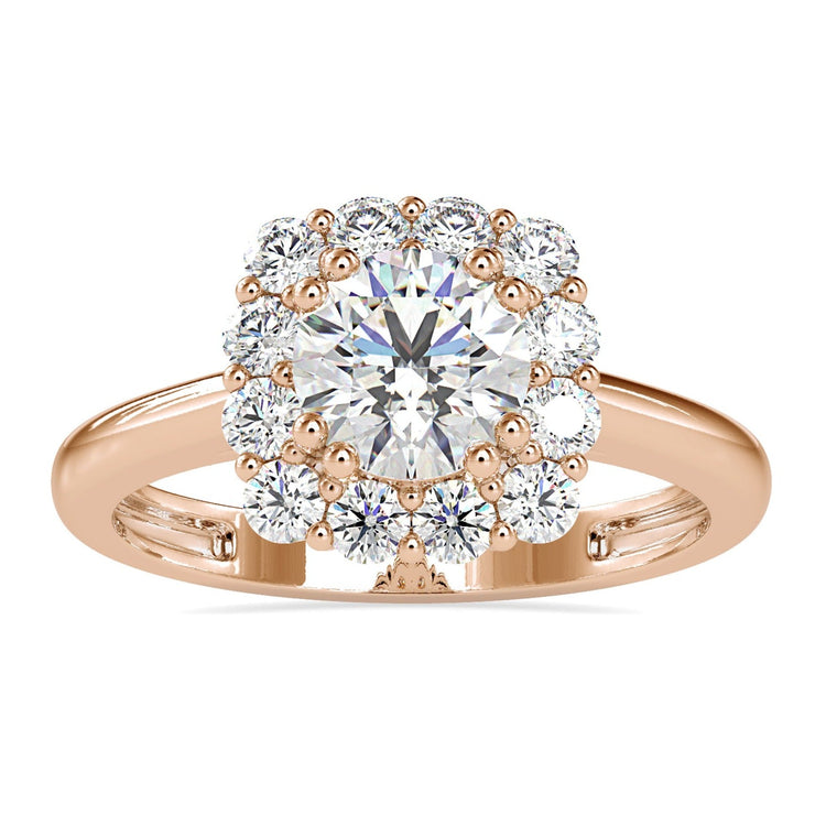 Halo engagement ring with round cut diamond in cathedral setting