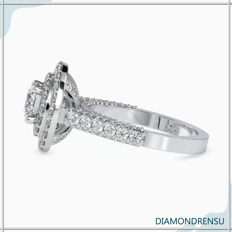 Designer ring with pave setting and bridge accents.