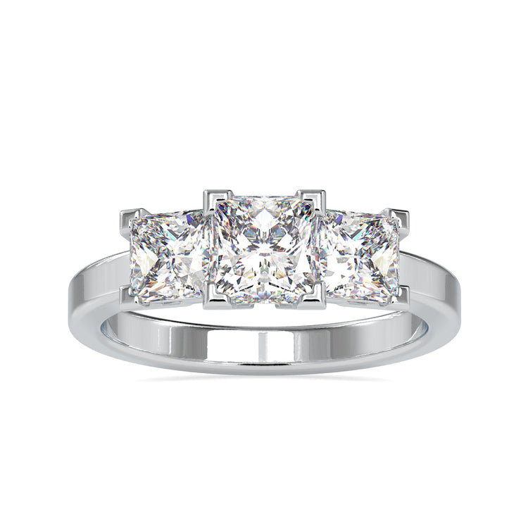 3 stone diamond ring with princess cut centre in white gold.