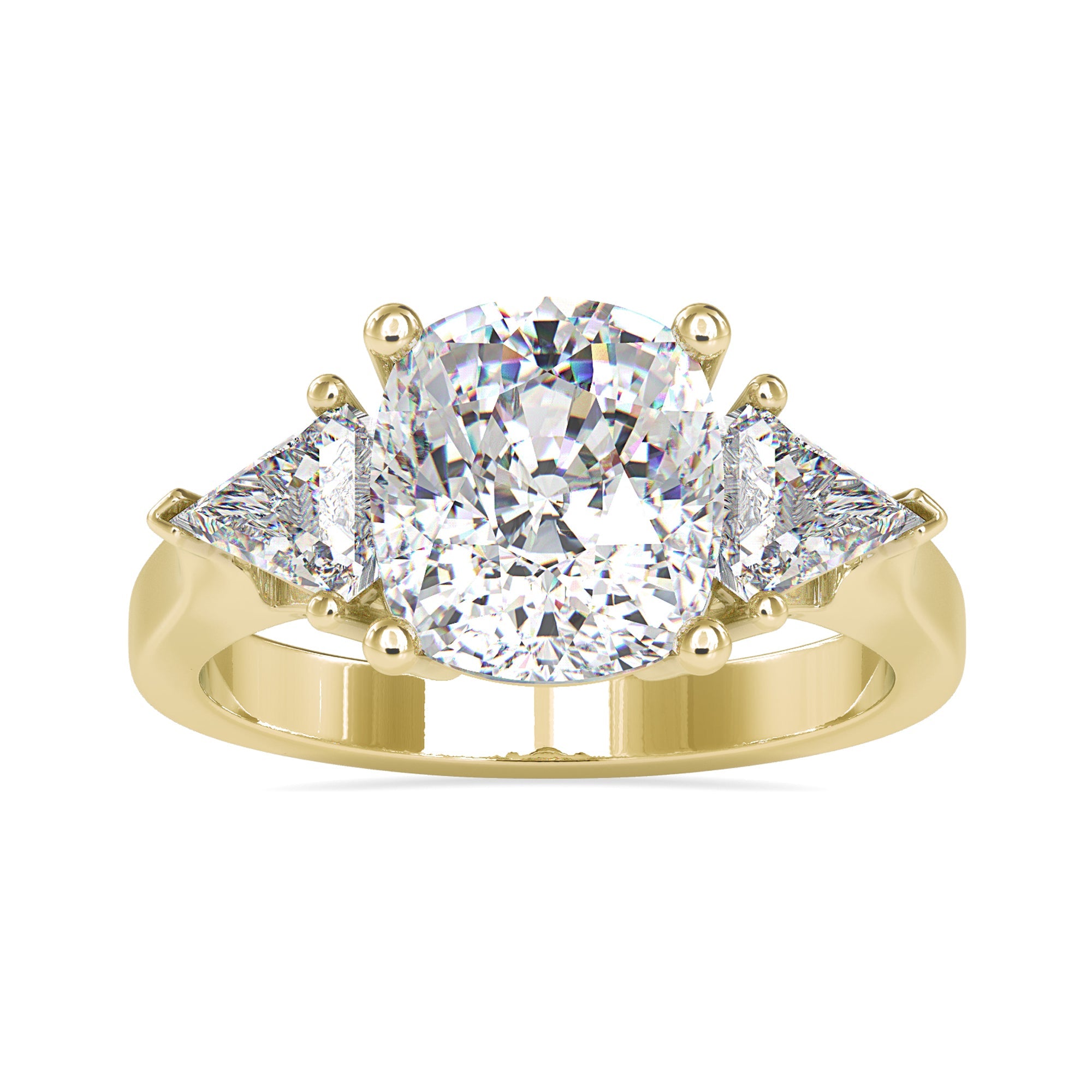 IGI certified cushion cut diamond ring with kite cut stones.