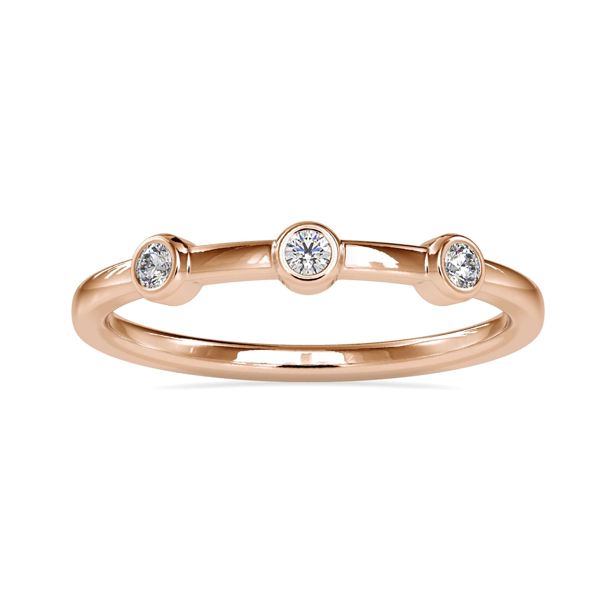 Round diamond band in bezel set for clean look.
