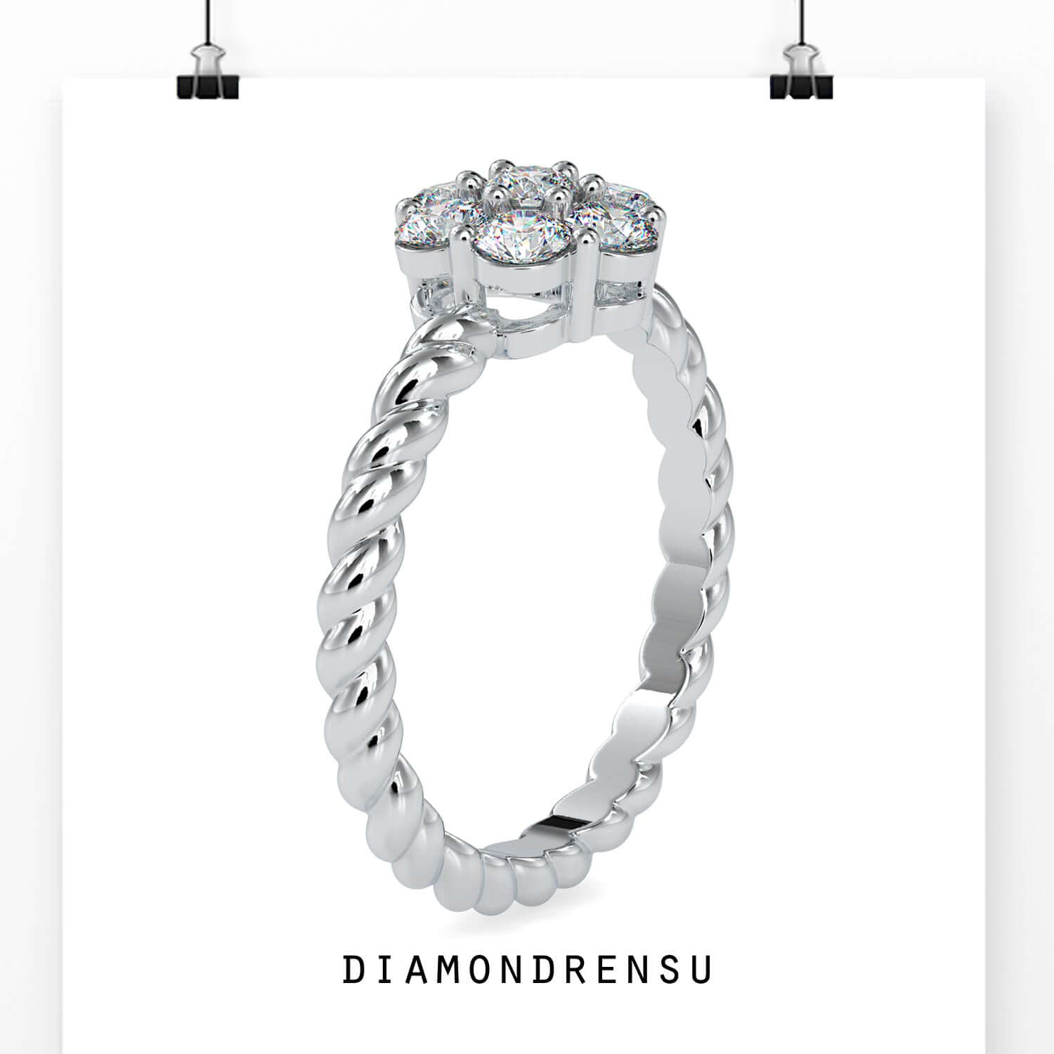 White gold twisted band ring with lab grown cluster diamonds.