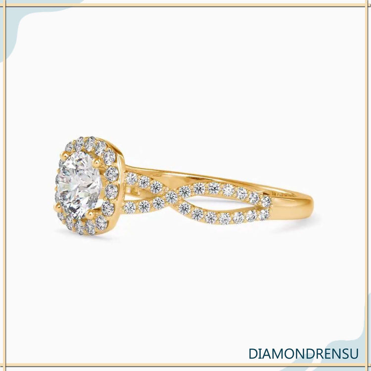 Lab grown diamond ring with 4 round prong and halo setting.