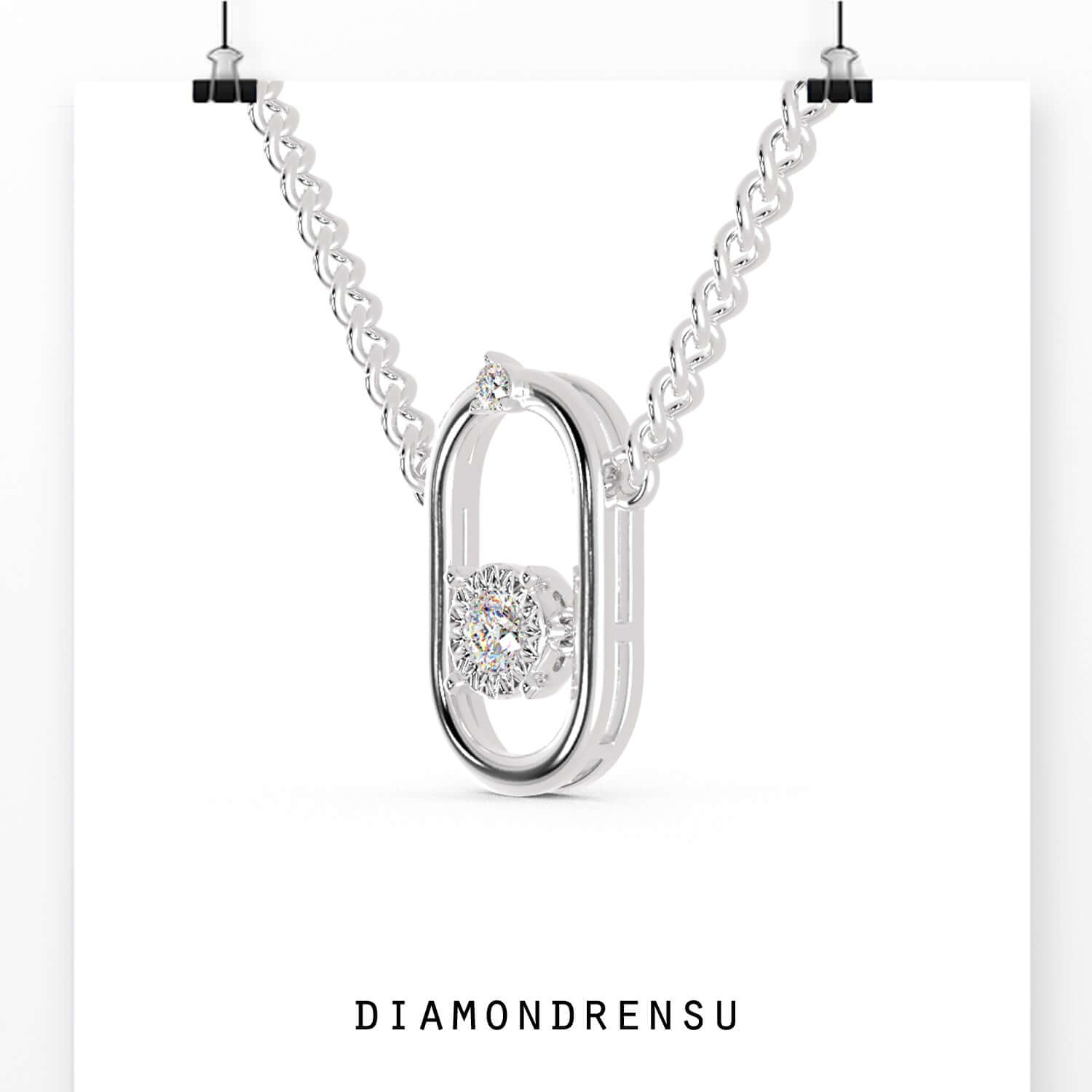 Gold 2 stone pendant featuring round cut diamonds in oval frame.