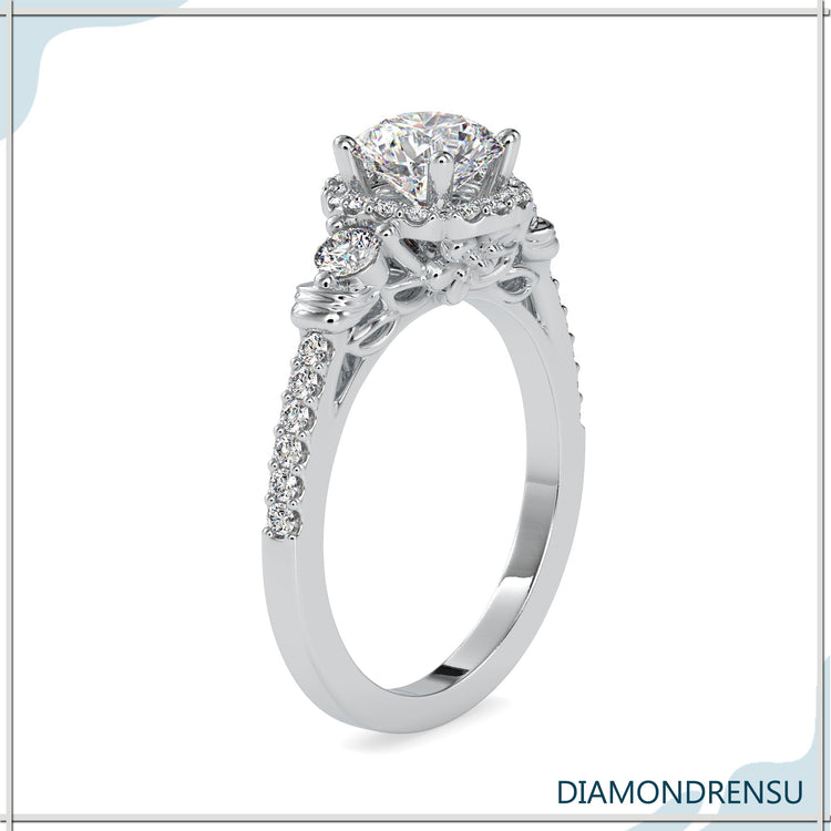 Buy engagement ring with floral halo and round diamond.