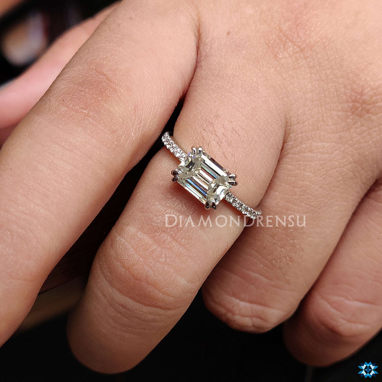 East west ring emerald cut moissanite ring white gold engagement ring