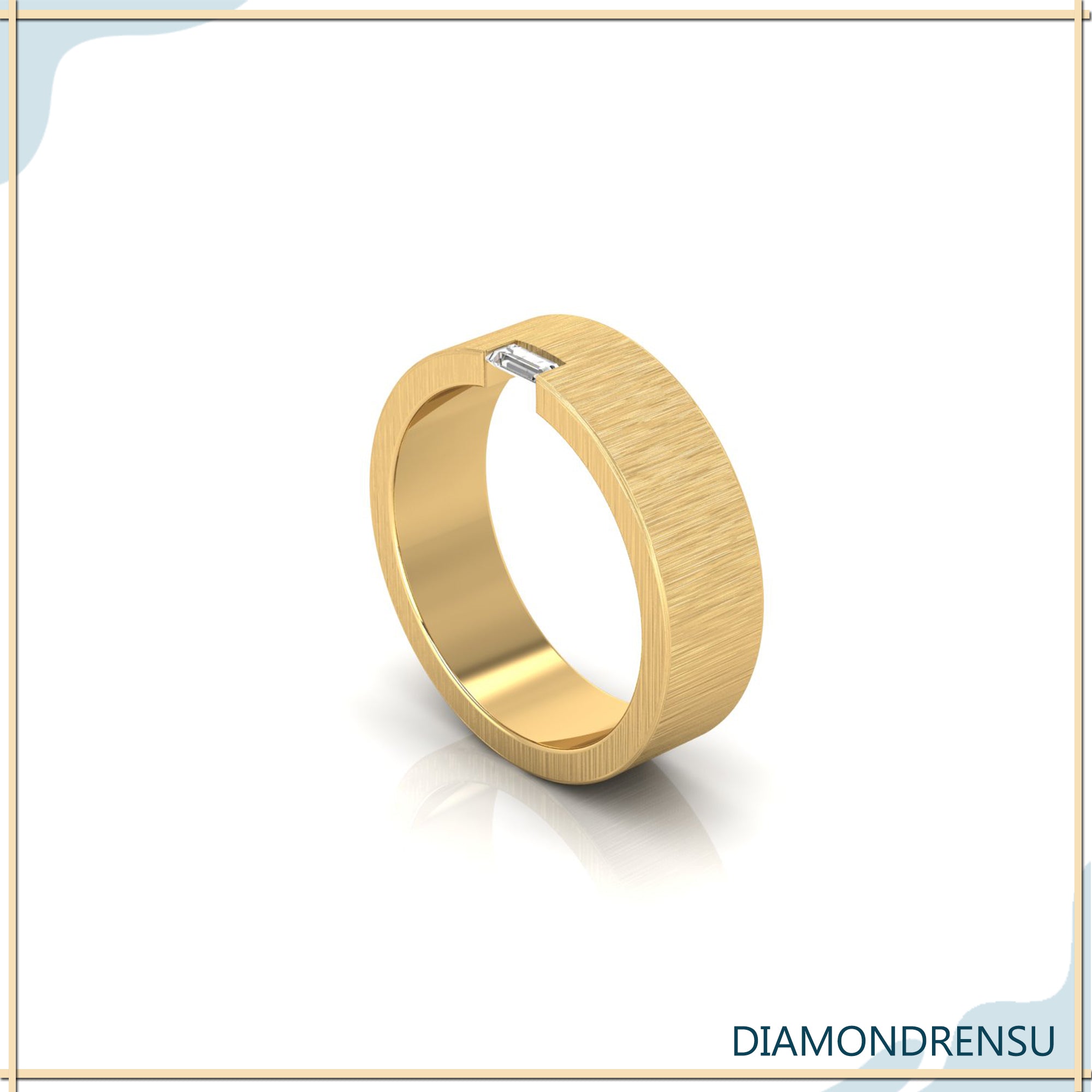 Diamondrensu UK wedding band with brush finish and single baguette diamond.