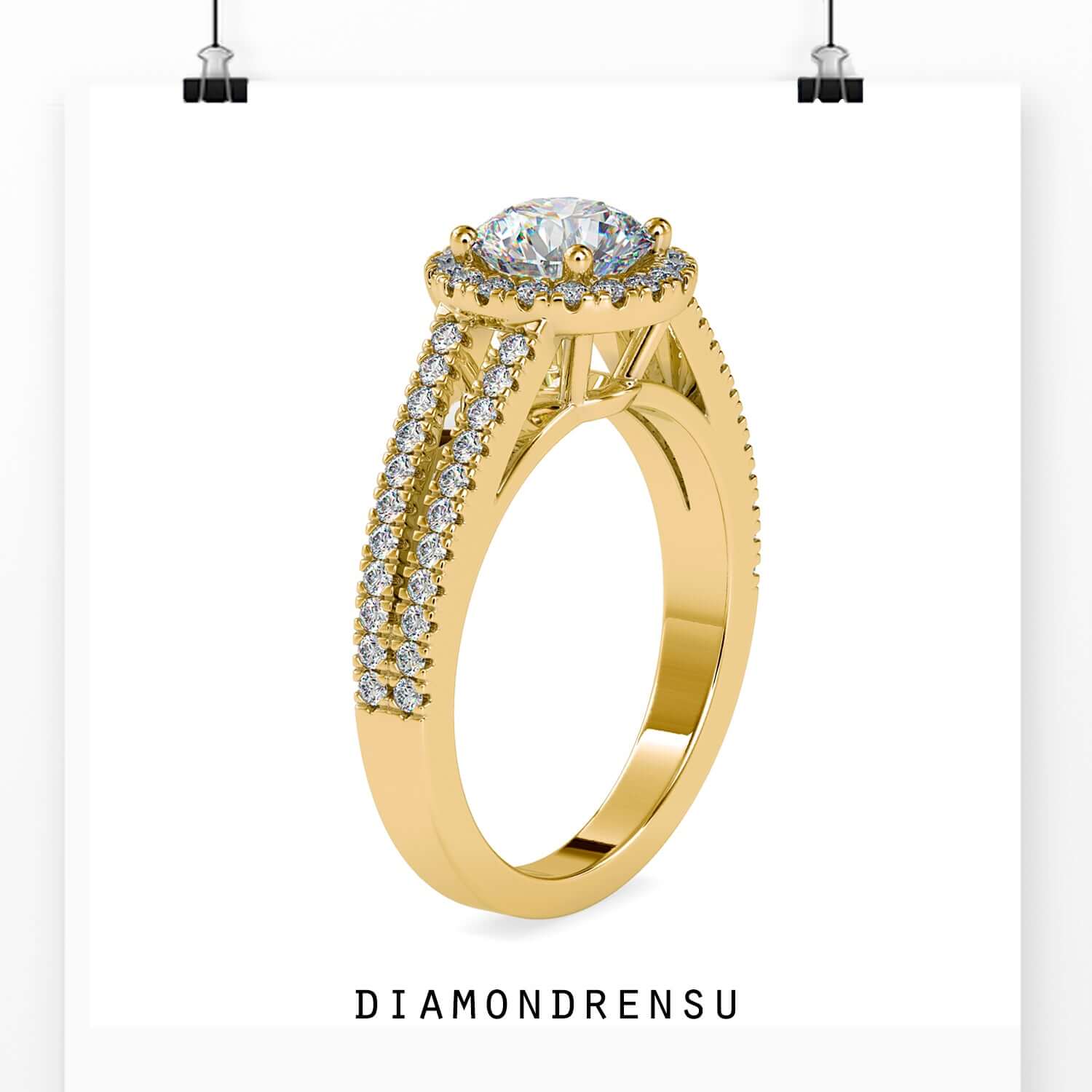 Split shank band halo ring with lab grown diamond.