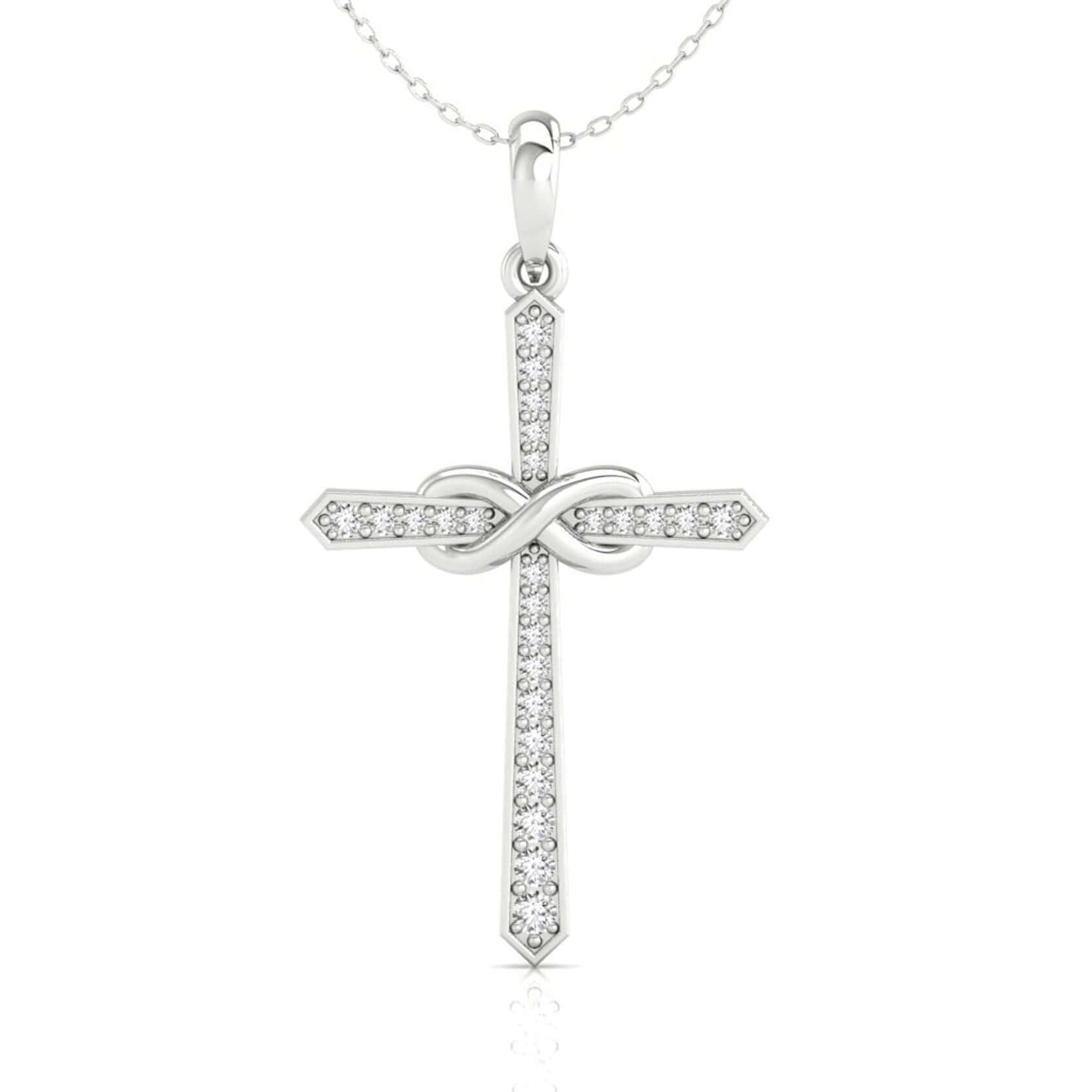 Infinity cross pendant in white gold with shared prong setting.