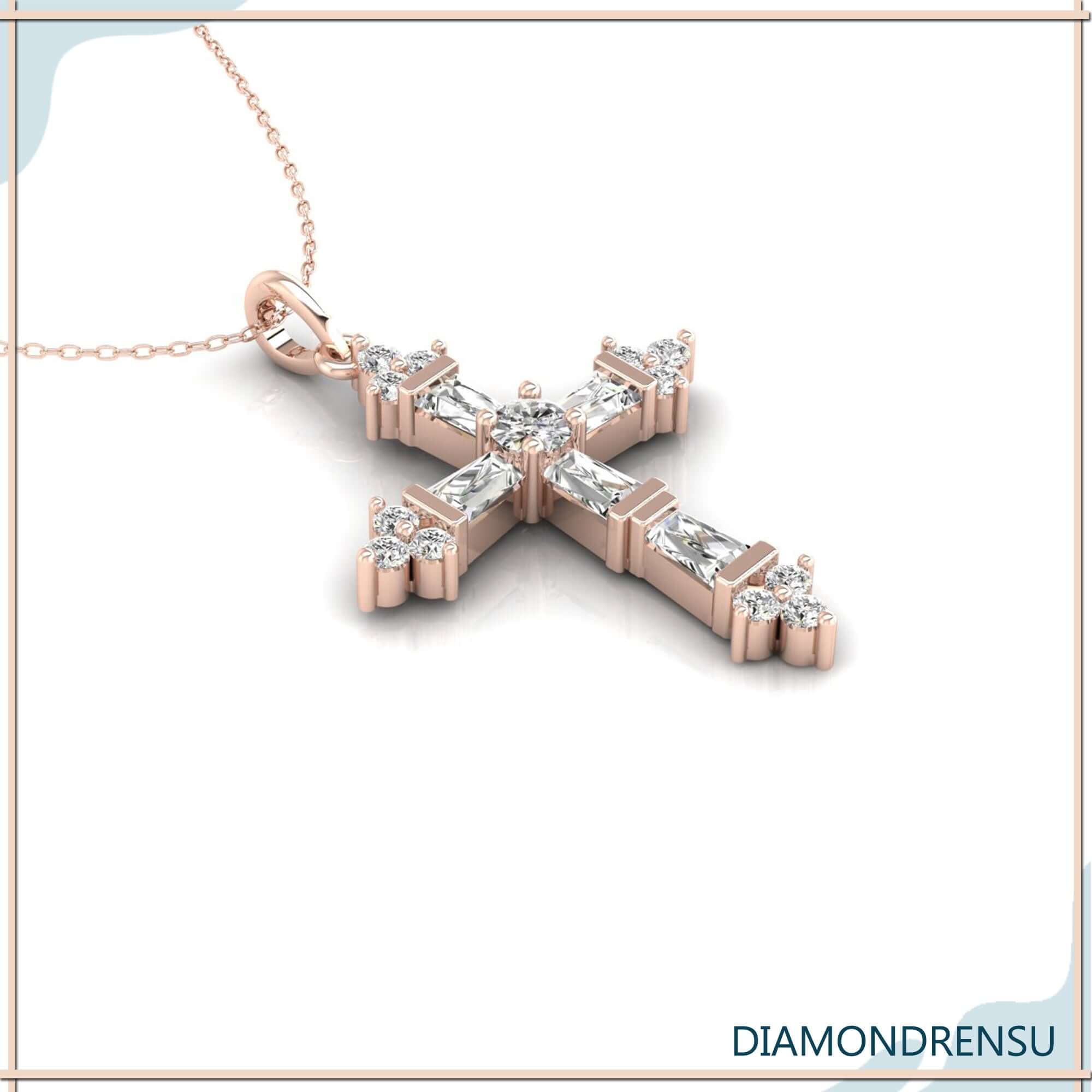 White gold tapered baguette cross pendant, UK handmade.