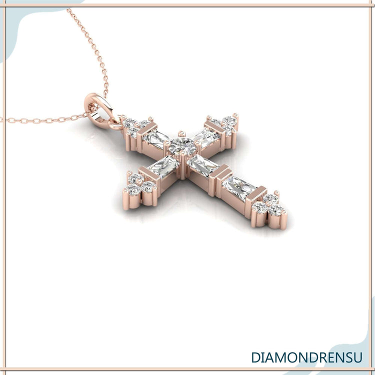 White gold tapered baguette cross pendant, UK handmade.
