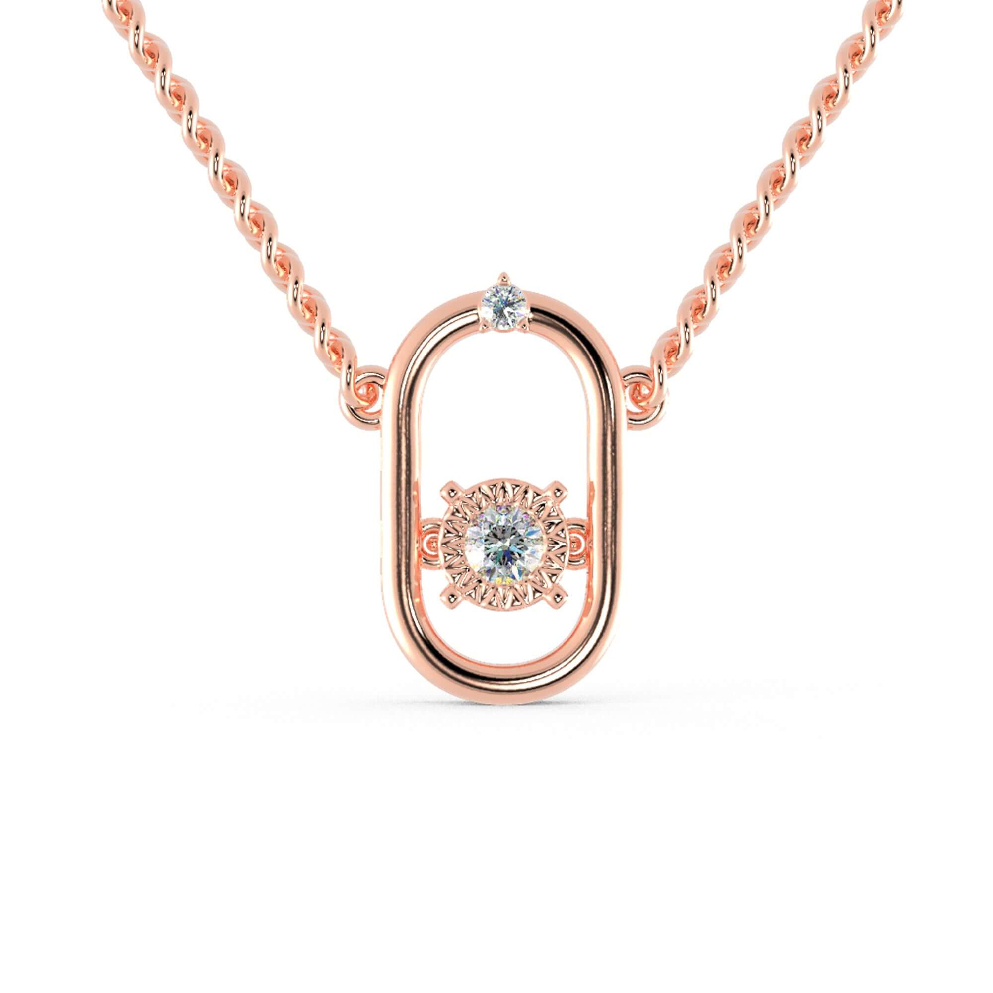 Oval-shaped diamond pendant with two round brilliant stones.