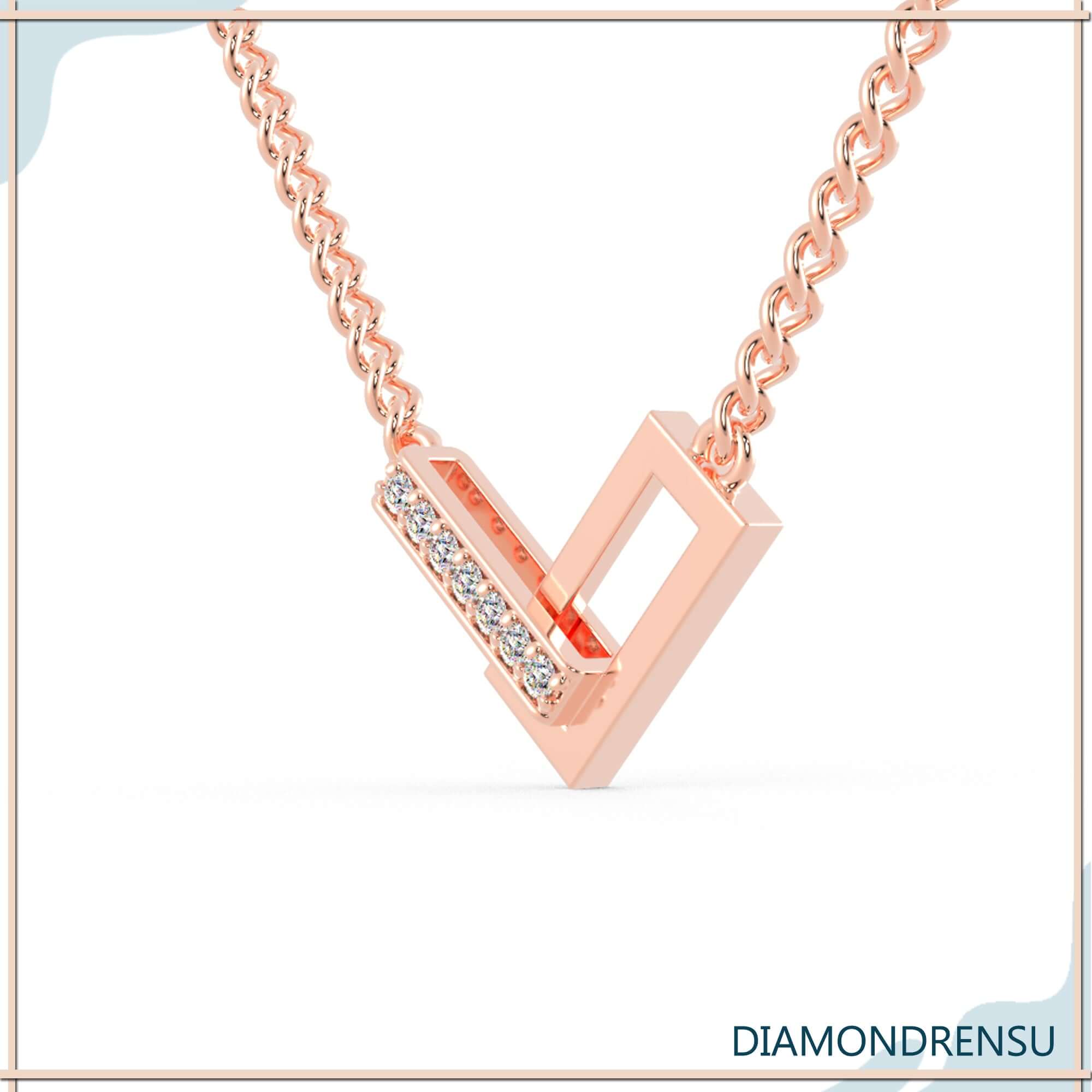 Rose gold V shape pendant featuring lab grown round diamond.
