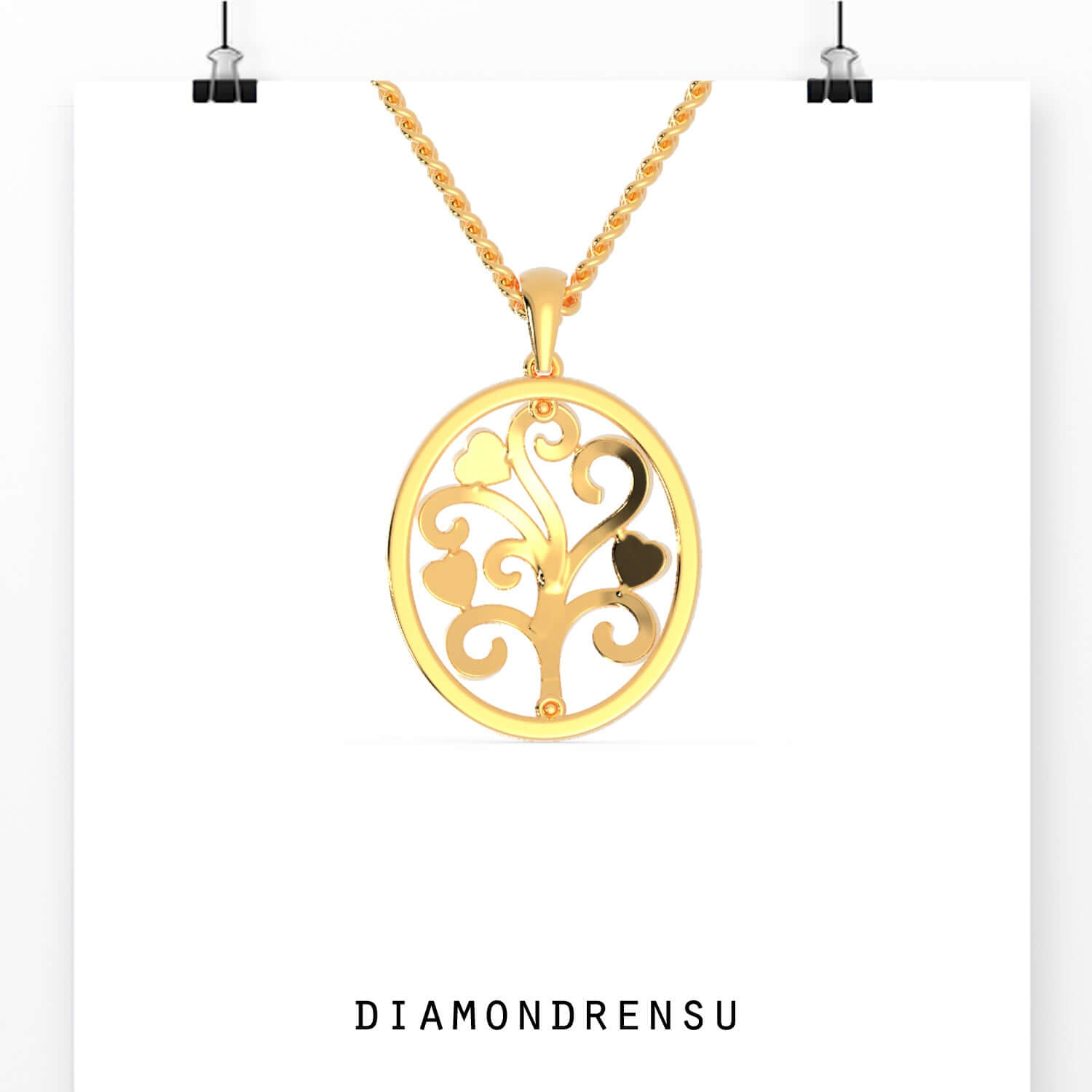 White gold pendant with round outline and tree detail.