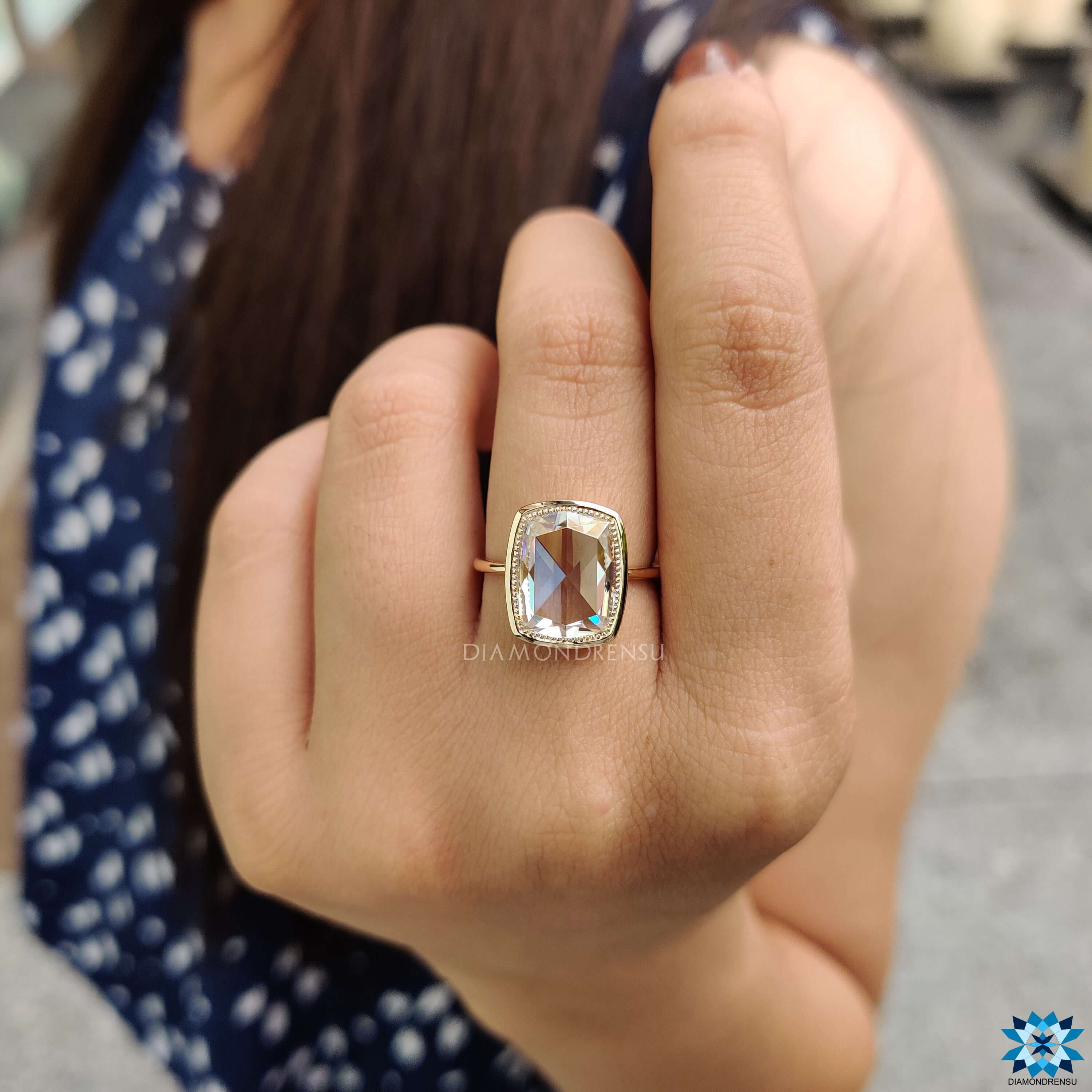 Cushion rose cut moissanite ring with milgrain setting.