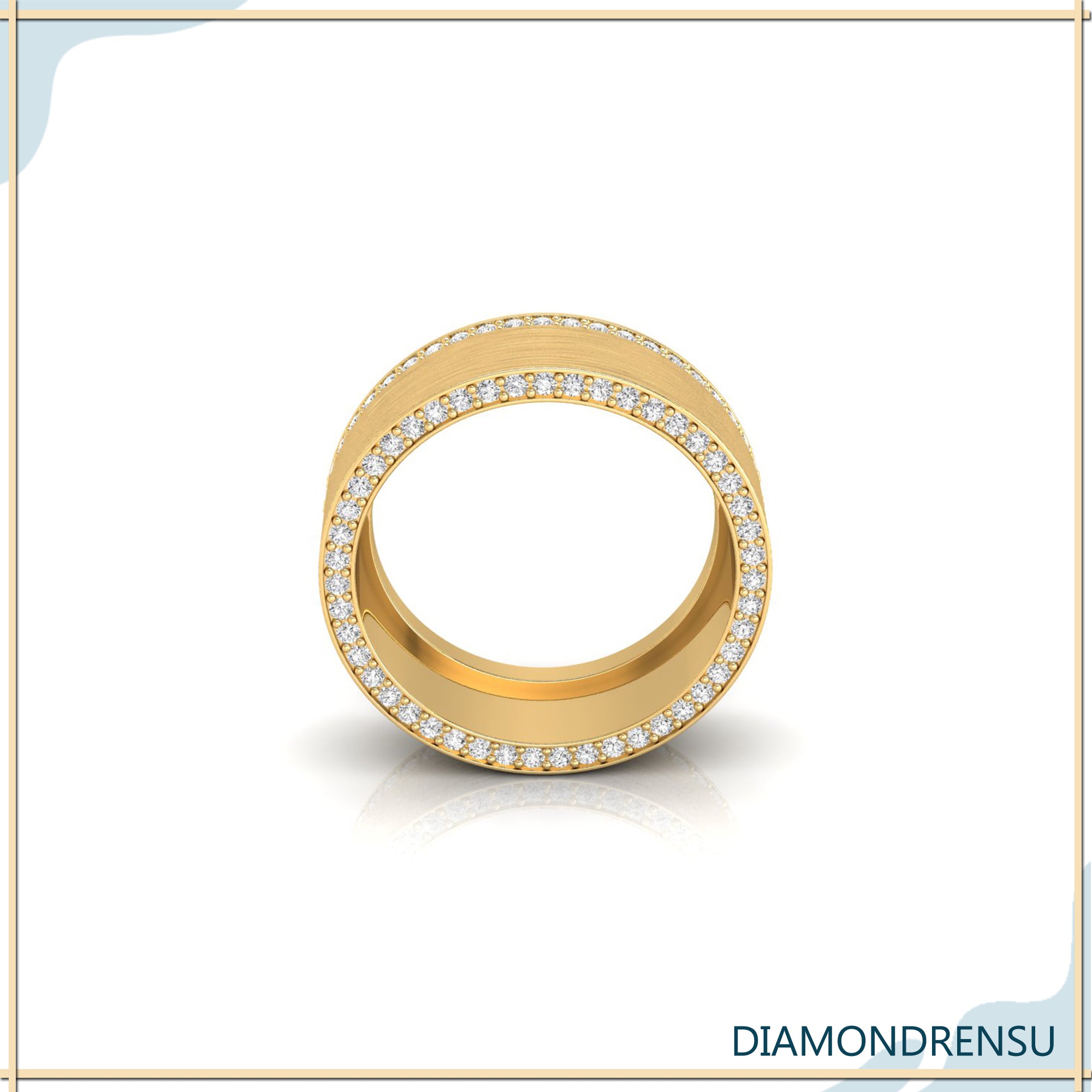 Rose gold mens pave wedding band with shared prong setting.