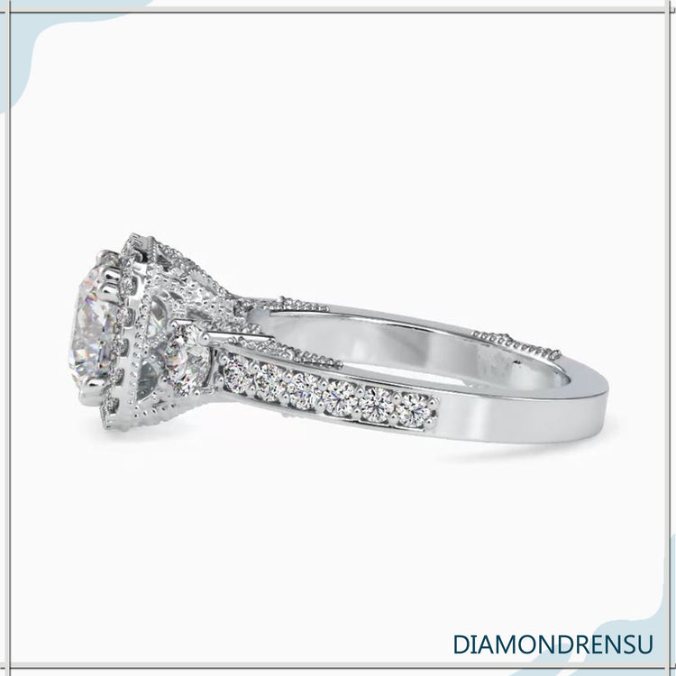 Rose gold engagement ring with round stones and pave detail.