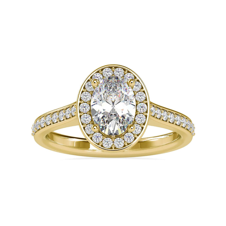 Oval centre stone in round cut halo with prong setting ring.