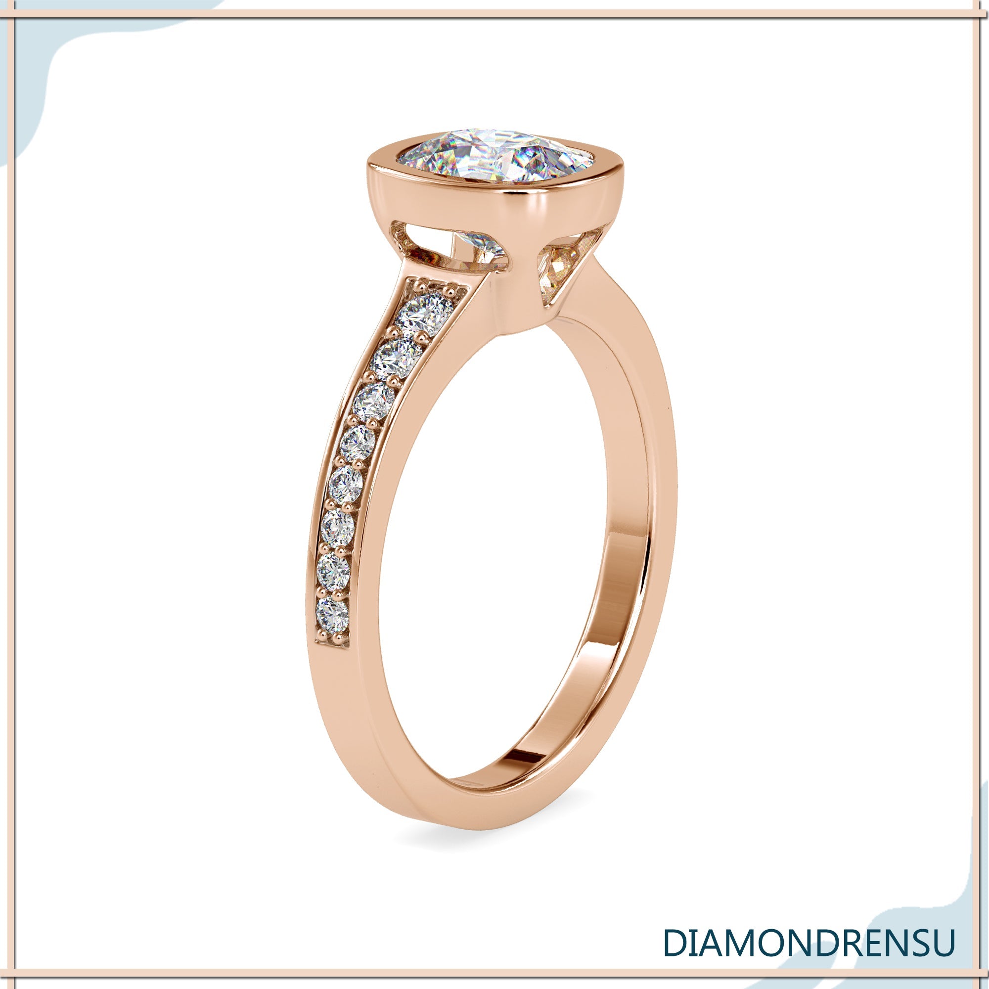 Buy diamond ring with cushion cut in bezel setting.