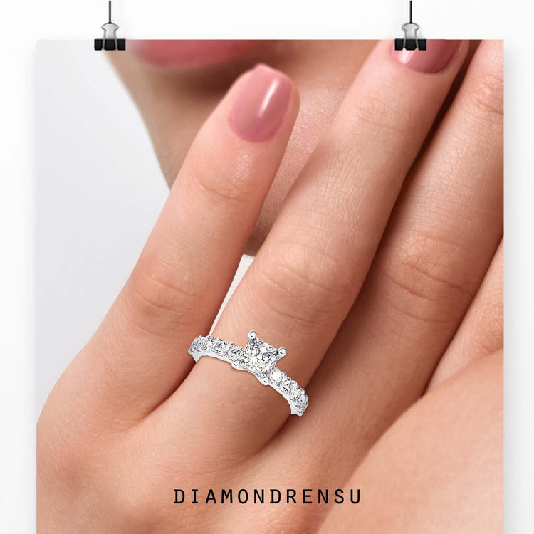 Lab grown princess diamond ring in rose gold with pave setting.