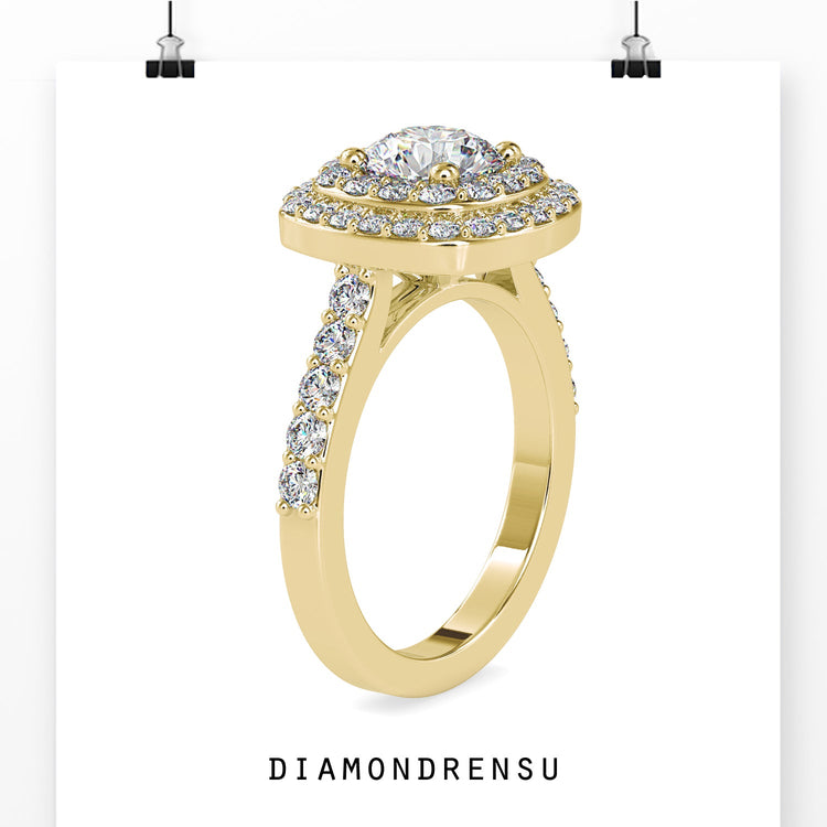 Rose gold diamond ring with round cut and double halo.