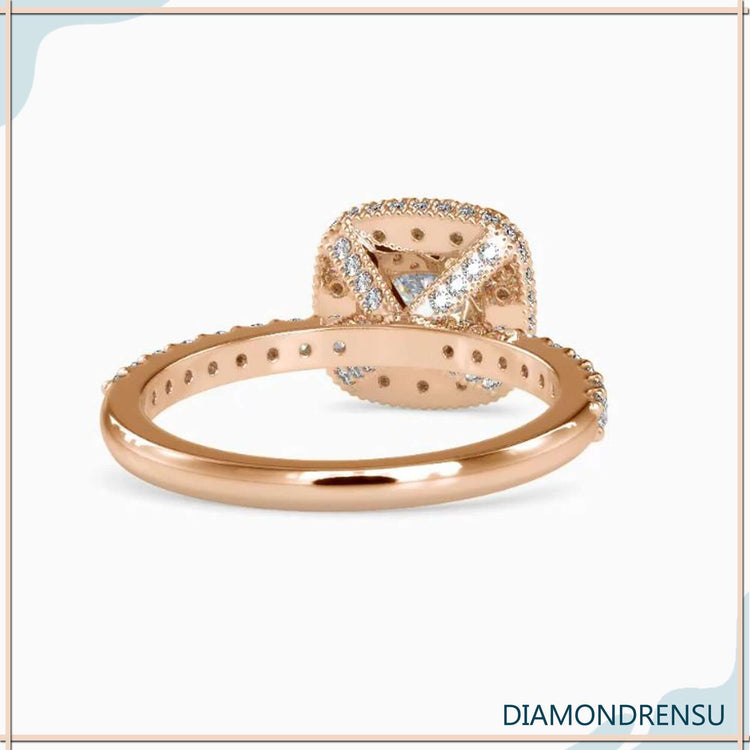 IGI certified halo diamond ring in yellow gold with custom design.