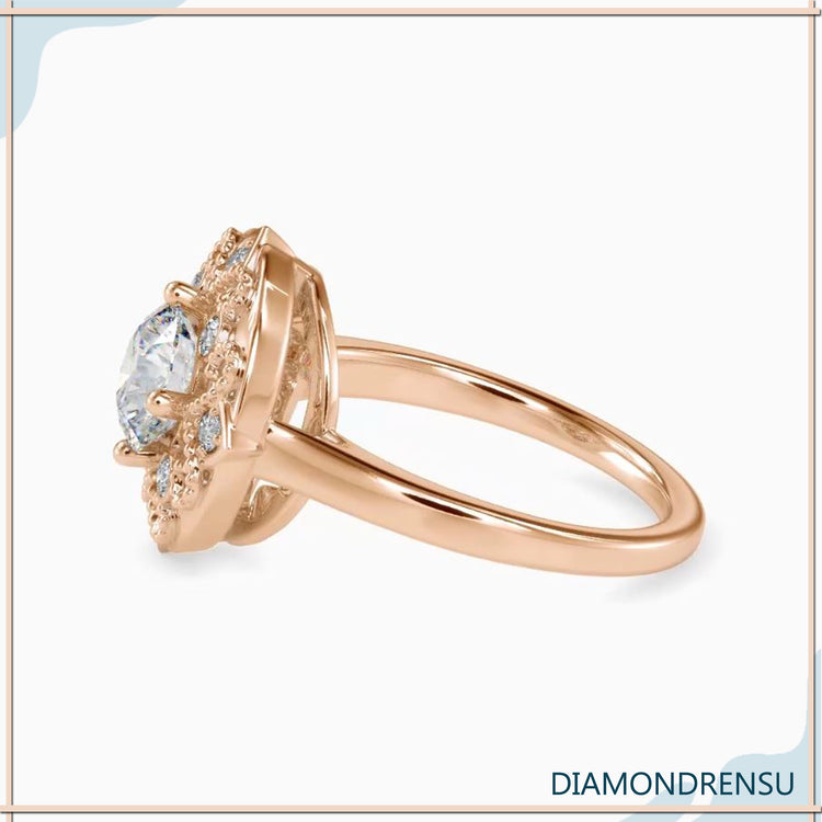 Lab diamond ring with vintage Art Deco inspired metalwork.