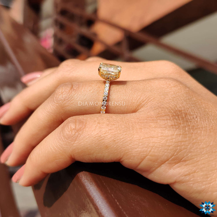 Handmade jewelry featuring radiant cut moissanite.