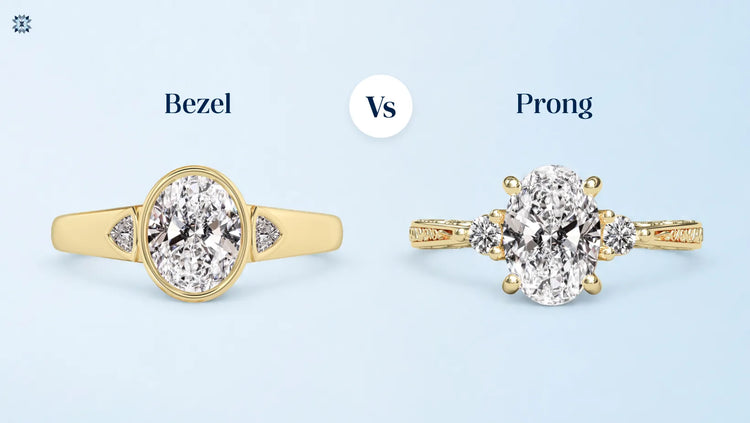 Bezel vs prong oval diamond engagement rings in yellow gold