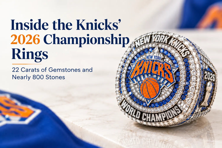New York Knicks 2026 championship ring featuring 800 gemstones and blue and orange details.