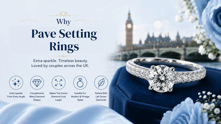 Pave setting engagement ring with diamond accented band details