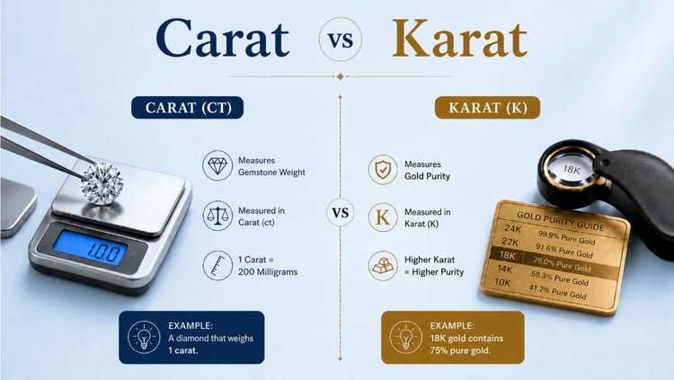 Carat vs Karat comparison explaining diamond weight and gold purity differences