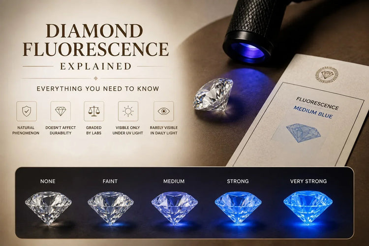 Infographic showing diamond fluorescence levels under UV light from None to Very Strong.