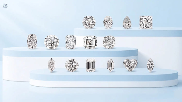 Popular diamond shapes including round, oval, cushion, emerald, princess, pear, marquise, radiant, heart, and Asscher cuts