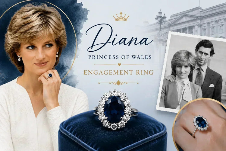 Diana Princess of Wales with her iconic sapphire engagement ring beside Prince Charles and a close up of the royal sapphire ring.
