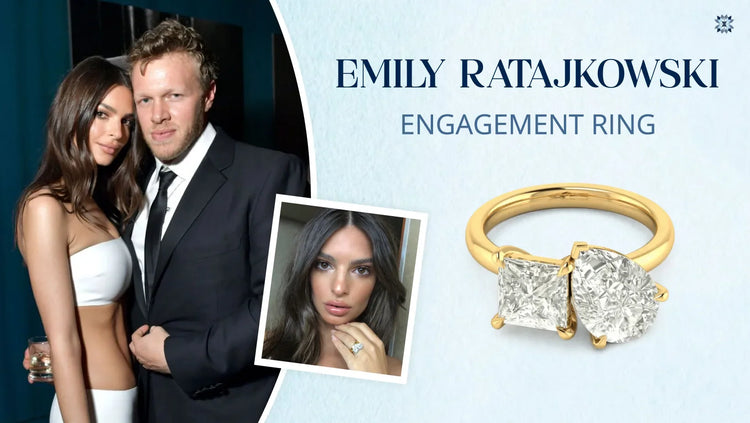 Emily Ratajkowski-inspired engagement ring featuring a pear-shaped diamond and a princess-cut diamond in a yellow gold two-stone setting.