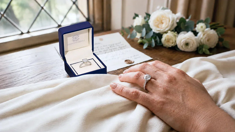Diamond engagement ring in a proposal box beside a hand wearing a solitaire ring
