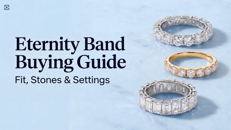Eternity band buying guide showing diamond rings in different settings and metals