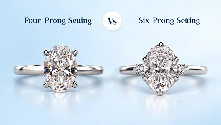 Four-prong vs six-prong oval diamond engagement rings side by side